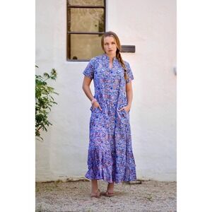 Dolma Blue Floral Block Print 100% Cotton Maxi Dress Boho V-Neck Pockets Small